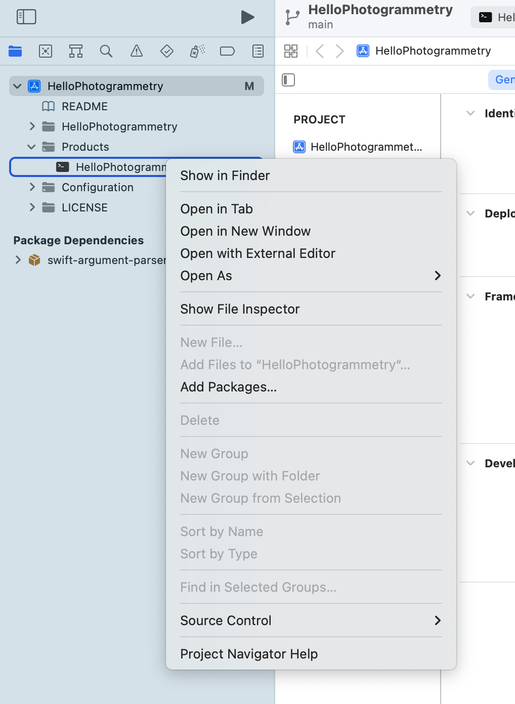 A screen shot of xcode's product list